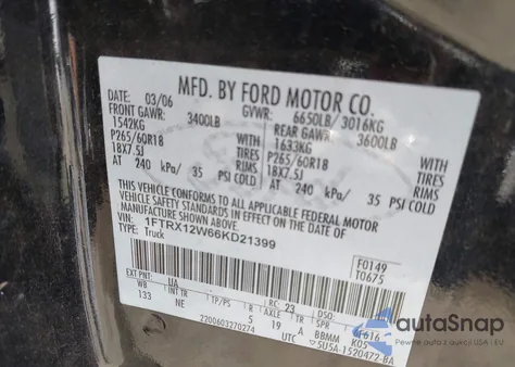 2006 Ford F-150 Stx/Xl/Xlt z USA, uszkodzony, nr VIN 1FTRX12W66KD21399